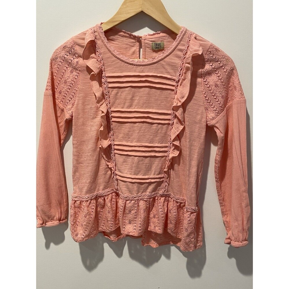 True Craft Top Girls Long Sleeve Peach Ruffle Lace Pleated Size Large - Picture 2 of 5